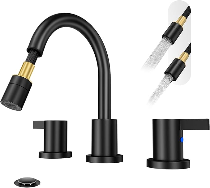 Phiestina Pull Out Sprayer Matte Black 8 Inch Bathroom Sink Faucet, Widespread 2 Handles 3 Hole Pull Down Bathroom Faucet, with Pop Up Drain and Water Supply Line, BF04022-K01-MB
