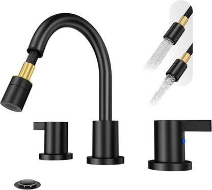 Phiestina Pull Out Sprayer Matte Black 8 Inch Bathroom Sink Faucet, Widespread 2 Handles 3 Hole Pull Down Bathroom Faucet, with Pop Up Drain and Water Supply Line, BF04022-K01-MB