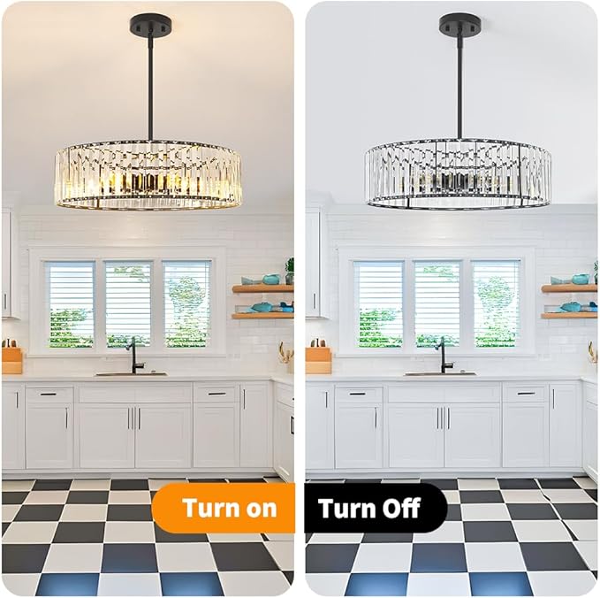 Modern Crystal Chandelier, 6-light Dinning Room Light Fixture, Round Pendant Light Kitchen Island, Black Hallway Light Fixture, Semi Flush Mount Ceiling for Living Room Entryway Bedroom Foyer, E26