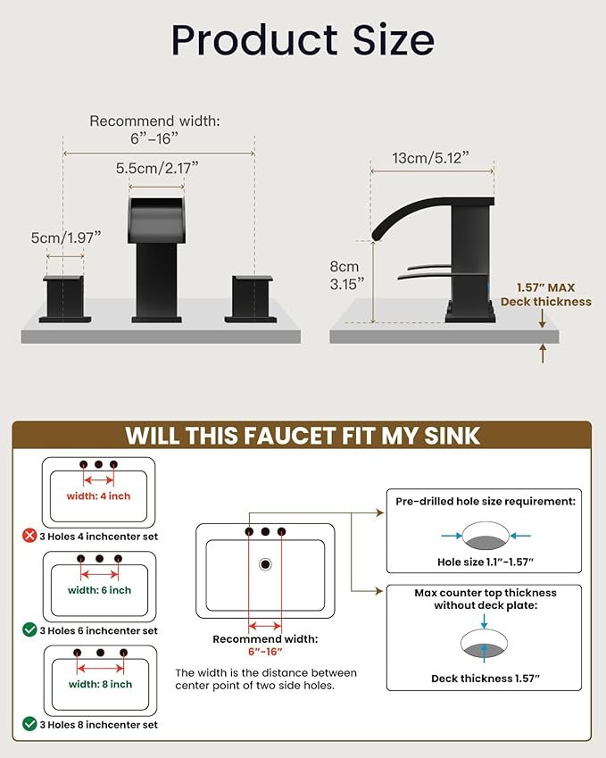 gotonovo Waterfall 8 inch Widespread Bathroom Faucet Set Bathroom Sink Faucet 3 Hole 2 Handle Vanity Lavatory Deck Mount with Pop Up Drain and Water Supply Lines Square Body Matte Black