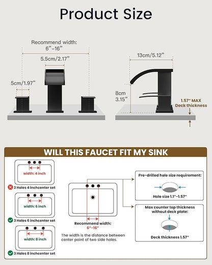 gotonovo Waterfall 8 inch Widespread Bathroom Faucet Set Bathroom Sink Faucet 3 Hole 2 Handle Vanity Lavatory Deck Mount with Pop Up Drain and Water Supply Lines Square Body Matte Black
