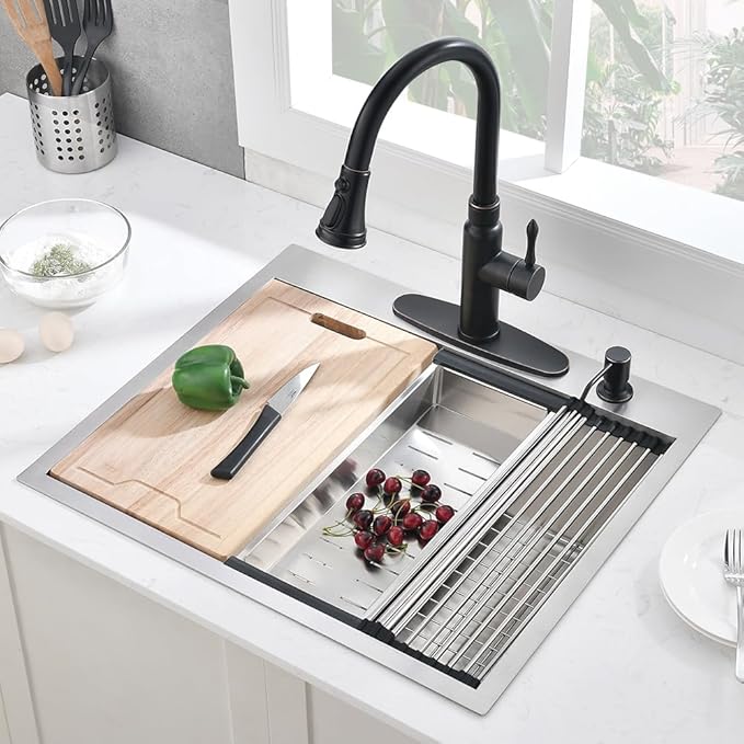 25 Inch Drop in Kitchen Sink Workstation, 25x22 Drop in Kitchen Sink Stainless Steel Single Bowl 16 Gauge Topmount Handmade Basin