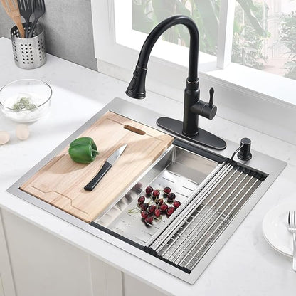 25 Inch Drop in Kitchen Sink Workstation, 25x22 Drop in Kitchen Sink Stainless Steel Single Bowl 16 Gauge Topmount Handmade Basin