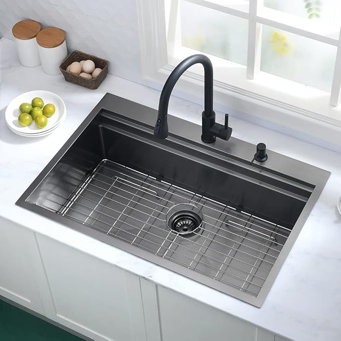 Black Kitchen Sink Drop In Workstation-Hovheir 30x22 Drop In Top Mount Kitchen Sink Black Stainless Steel Workstation Sinks 16 Gauge 304 Single Bowl Deep Overmount Sinks with Cutting Board
