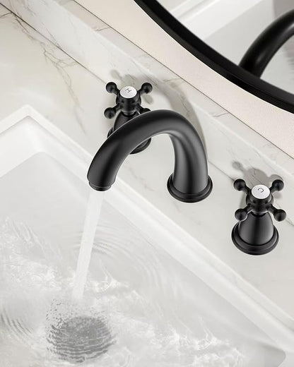 FORIOUS Bathroom Sink Faucet 8 Inch, Matte Black Bathroom Faucet 3 Hole with Pop Up Drain and Water Hose Supply, 2 Crosse Handle Design,for Vanity RV Farmhouse Sink