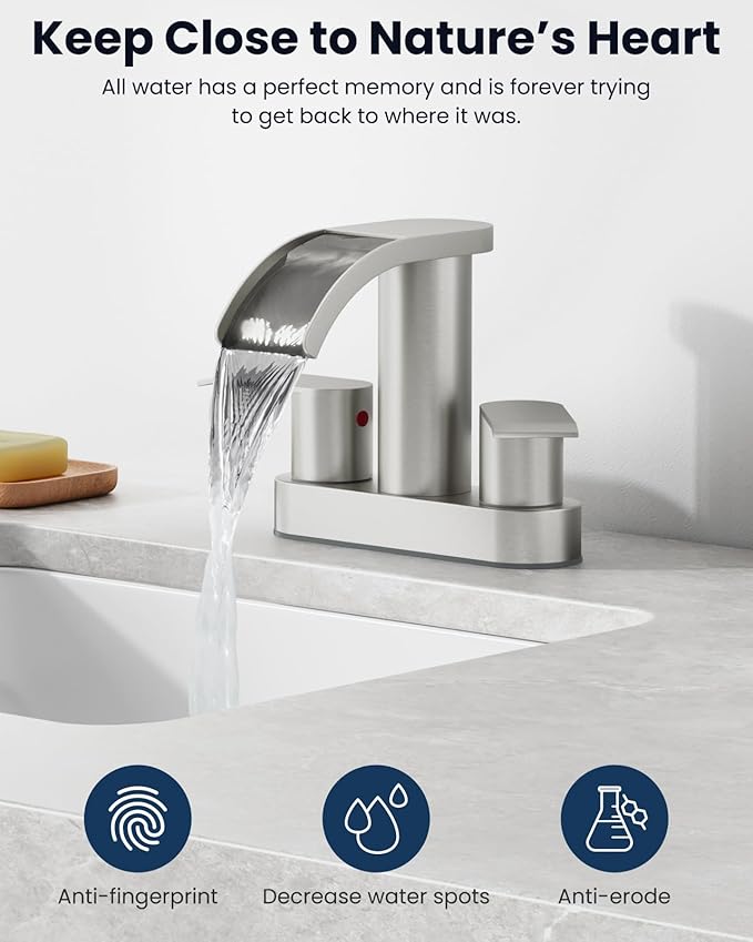 gotonovo 4 Inch Centerset Waterfall Bathroom Sink Faucet Deck Mount 2 Handle Basin Faucets 2 or 3 Hole with Pop Up Drain Included Lavatory Modern Mixer Tap Vanity Faucet Brushed Nickel
