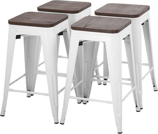 FDW Metal Bar Stools Counter Height Barstool Stackable Barstools Indoor Outdoor Patio Bar Stool Home Kitchen Dining Stool Backless Bar Chair (White with Wood, 24")