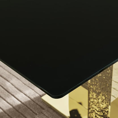 70" Rectangle Glass Dining Table for 6, Modern Luxury Kitchen Table with Black Tempered Glass Top, Gold Stainless Steel Mirrored Base with Carved Details