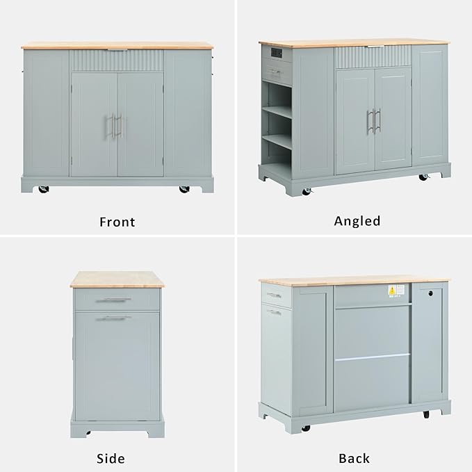 Merax Fluted Kitchen Island with Trash Can Storage Cabinet, Power Outlet, Internal Storage Rack, Rolling Kitchen Storage Cart on 5 Wheels with 3 Drawer, 3 Open Side Racks, Gray