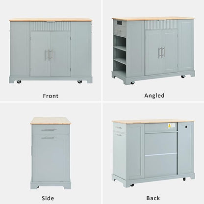 Merax Fluted Kitchen Island with Trash Can Storage Cabinet, Power Outlet, Internal Storage Rack, Rolling Kitchen Storage Cart on 5 Wheels with 3 Drawer, 3 Open Side Racks, Gray
