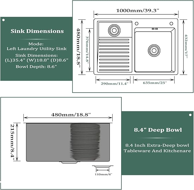 Laundry Utility Sink With Washboard Stainless Steel Kitchen Sink Household Pool Balcony Room Wash Basin Easy Clean Double-Bowl 1000mm/39.3Inch