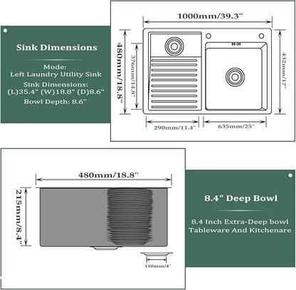 Laundry Utility Sink With Washboard Stainless Steel Kitchen Sink Household Pool Balcony Room Wash Basin Easy Clean Double-Bowl 1000mm/39.3Inch