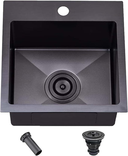 SHACO 15x15 Drop In Black Bar Sink, 15 Inch Stainless Steel Top Mount Gunmetal Black 16 Gauge Single Bowl Small Kitchen Outdoor RV Sink with Strainer Drain
