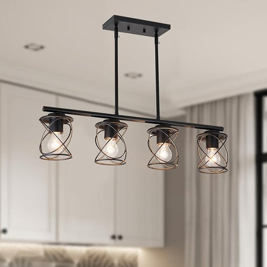 mavcadonf 4-Light UL Certified Farmhouse Linear Pendant Light, Black Metal Adjustable Kitchen Island Light with Sloped Ceiling Compatible, Hanging Light for Dining Room Living Room Foyer