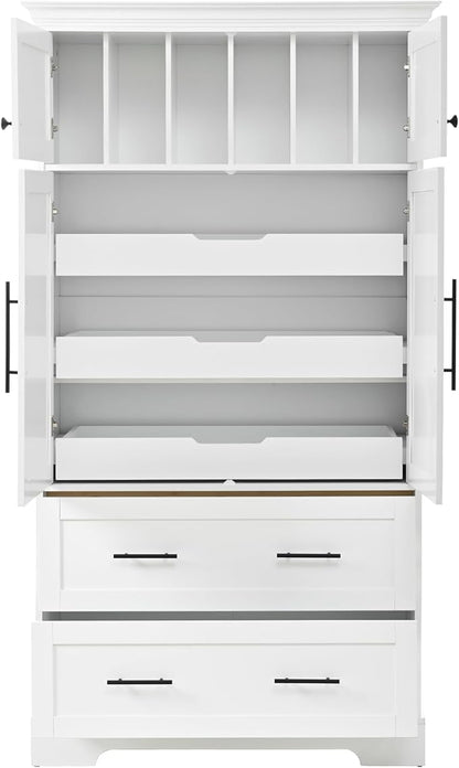 Merax 72.6" Farmhouse Kitchen Pantry Cabinet with Pull-Out Trays & Drawers, Freestanding Pantry with Cake Pan Storage, 4-Door Shaker Style Storage Cabinet, 40" L x 18" W, White