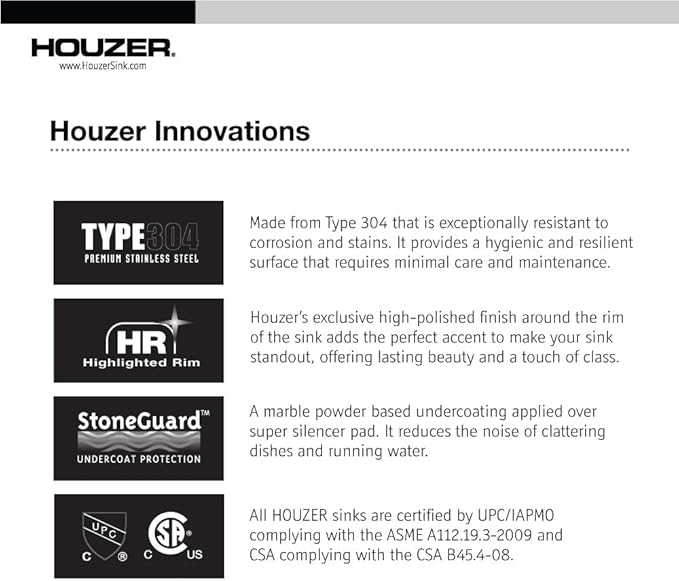 Houzer 3322-8BS3-1 Glowtone Series Topmount Stainless Steel 3-hole 50/50 Double Bowl Kitchen Sink, 8-Inch Deep