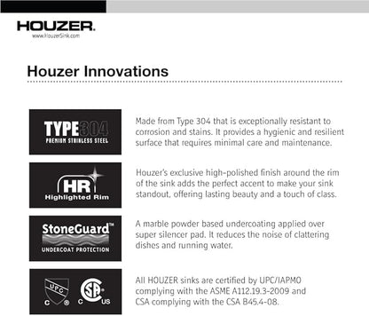 Houzer 3322-8BS3-1 Glowtone Series Topmount Stainless Steel 3-hole 50/50 Double Bowl Kitchen Sink, 8-Inch Deep
