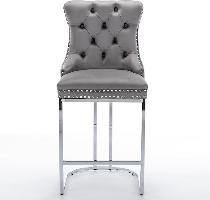 26" Counter Height Bar Stools Set of 2, Modern Velvet with Button Back Rivet Trim Upholstered Kitchen Island Chairs with Sturdy Chromed Metal Base Legs Farmhouse Bar Stools, (Gray,2 Pack)