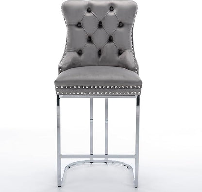26" Counter Height Bar Stools Set of 2, Modern Velvet with Button Back Rivet Trim Upholstered Kitchen Island Chairs with Sturdy Chromed Metal Base Legs Farmhouse Bar Stools, (Gray,2 Pack)