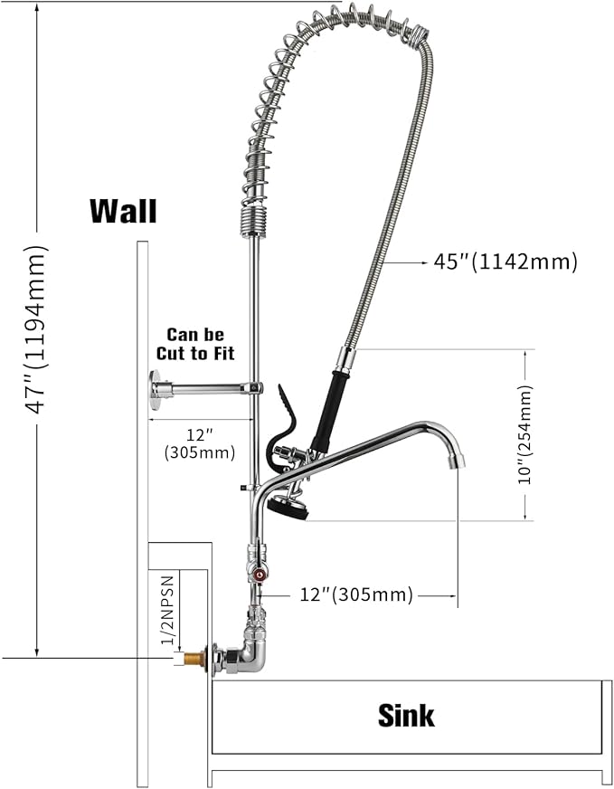 47" Height Commercial Kitchen Sink Faucet Wall Mount with Pre-Rinse Sprayer, 8 inch Center Wall Mount Faucet with Spring Pull Down Sprayer and 12" Add-on Spout for Restaurant