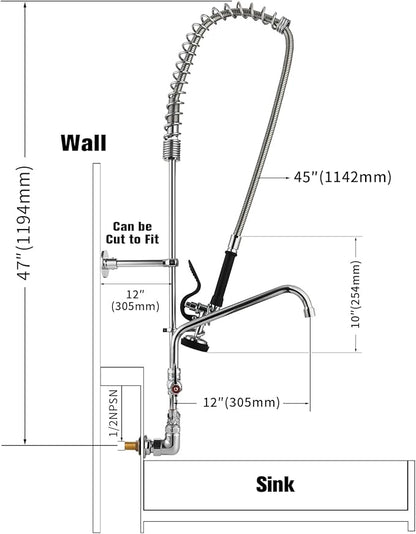 47" Height Commercial Kitchen Sink Faucet Wall Mount with Pre-Rinse Sprayer, 8 inch Center Wall Mount Faucet with Spring Pull Down Sprayer and 12" Add-on Spout for Restaurant
