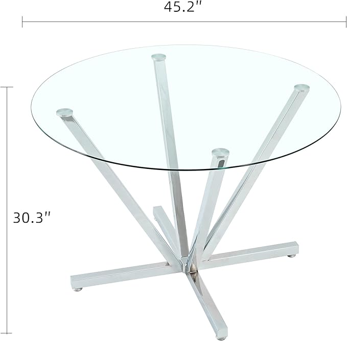 Round Dining Table for 4 6 People, 45.3" Modern Glass Kitchen Table, Circle Silver Dinner Table with 0.32" Thick Tempered Glass Top and Metal Legs, Glass Dining Room Furniture for Kitchen Living Room