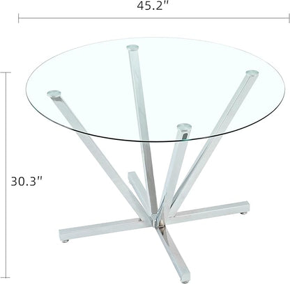 Round Dining Table for 4 6 People, 45.3" Modern Glass Kitchen Table, Circle Silver Dinner Table with 0.32" Thick Tempered Glass Top and Metal Legs, Glass Dining Room Furniture for Kitchen Living Room