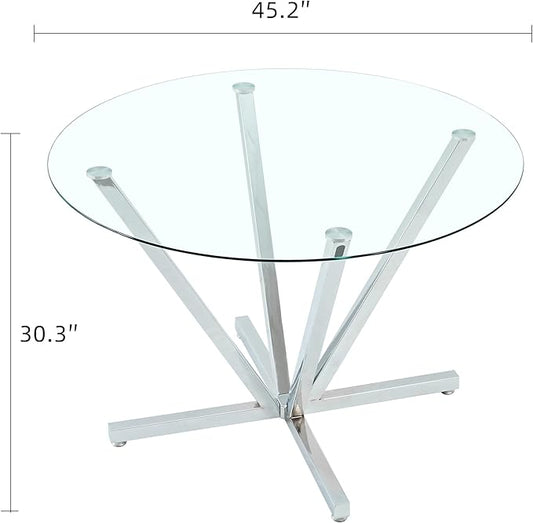 SSLine 45.2" Round Glass Dining Table for 4 Modern Circle Glass Tabletop Kitchen Table for 4 Luxury Dinner Tables with Silver Metal Legs for Home Kitchen Dining Room(Table Only)