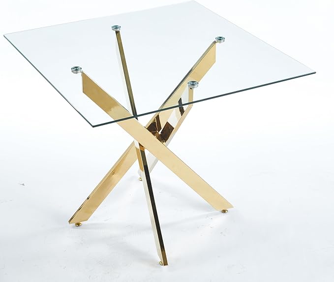SSLine 35.4" Square Glass Dining Table for 2-4 Modern Clear Glass Tabletop Kitchen Table for 4 Luxury Dinner Tables with Gold Metal Legs for Home Kitchen Dining Room(Table Only)