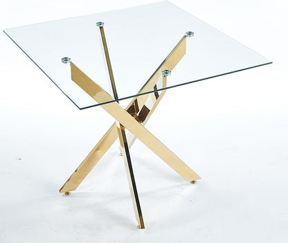 SSLine 35.4" Square Glass Dining Table for 2-4 Modern Clear Glass Tabletop Kitchen Table for 4 Luxury Dinner Tables with Gold Metal Legs for Home Kitchen Dining Room(Table Only)