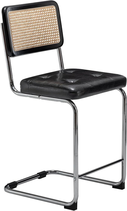 Alunaune 24inch Mid Century Black Bar Stools Set of 4, Upholstered Modern Counter Height Bar Stools Natural Rattan Dining Chairs Side Kitchen Chair with Metal Chrome Legs-PU Seat