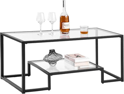 VEVOR Glass Coffee Table, Modern Glass Coffee Table, 2 Tiers Rectangle Glass Center Desk with Open Storage, Minimalist Sturdy Metal Frame Accent End Desk for Living Room, Office, Easy Assembly