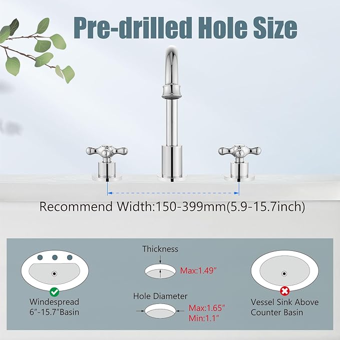 Aolemi 8 Inch 3 Holes Widespread Bathroom Sink Faucet Double Cross Handle SUS304 360 Degree Swivel Spout with Pop Up Drain Deck Mount Lavatory Mixer Tap Polish Chrome