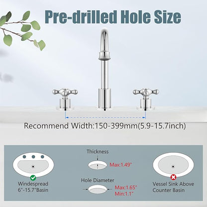 Aolemi 8 Inch 3 Holes Widespread Bathroom Sink Faucet Double Cross Handle SUS304 360 Degree Swivel Spout with Pop Up Drain Deck Mount Lavatory Mixer Tap Polish Chrome