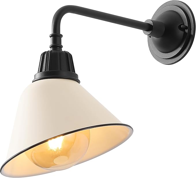 JONATHAN Y 9.63" Matte Almond/Black 1-Light Farmhouse Outdoor Sconce, Industrial LED Wall Light, Gooseneck Arm Barn Lamp with Metal Bell Shade for Porch, Patio, Kitchen, LED Bulb Included (JYL7612J)