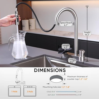 2-in-1 Kitchen Faucet with Pull Down Sprayer, 3 Spray Modes & Built-in Glass Rinser, Lead-Free Brass Single Handle, Brushed Nickel, Fits 1 or 3 Hole Sink, Suitable for Farmhouse Rv Bar