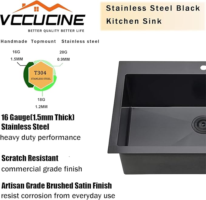 VCCUCINE 28x18 Inch Black Top Mount Drop in Kitchen Sink, Gunmetal Black Modern Square Single Bowl Stainless Steel Basin Topmount Kitchen Sink,16 Gauge Overmount Metal Laundry Sink with Strainer