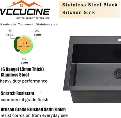 VCCUCINE 28x18 Inch Black Top Mount Drop in Kitchen Sink, Gunmetal Black Modern Square Single Bowl Stainless Steel Basin Topmount Kitchen Sink,16 Gauge Overmount Metal Laundry Sink with Strainer