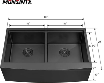 Black Double Farmhouse kitchen Sink,16-Gauge SUS304 Stainless Steel Farm Sinks, 50/50 Apron Front Features Workstaion Sink With Accessories,33''×20''×10" Large and Deep Double Kitchen Sinks