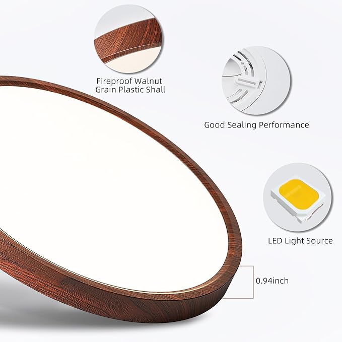 HEYAN Walnut Wood Flush Mount Ceiling Light Fixture,16 Inch Dimmable LED Ceiling Light with 3000K-4000K-6000K Selectable Flat Low Profile Round Ceiling Lights for Bedroom Hallway Laundry (2 Pack)