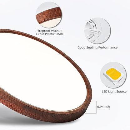 HEYAN Walnut Wood Flush Mount Ceiling Light Fixture,12 Inch Dimmable LED Ceiling Light with 3000K-4000K-6000K Selectable Flat Low Profile Round Ceiling Lights for Bedroom Hallway Laundry (2 Pack)