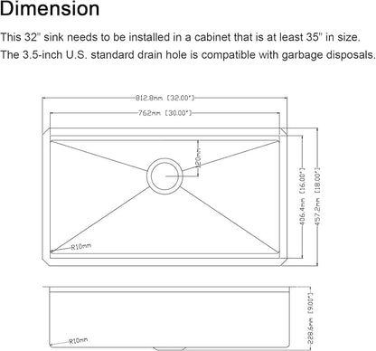32-inch Undermount Kitchen Sink - CELAENO Single Bowl Stainless Steel Kitchen Sink 18 Gauge,Workstation R10 Radius Handmade 9 Inch Deep Kitchen Sink with Ledge