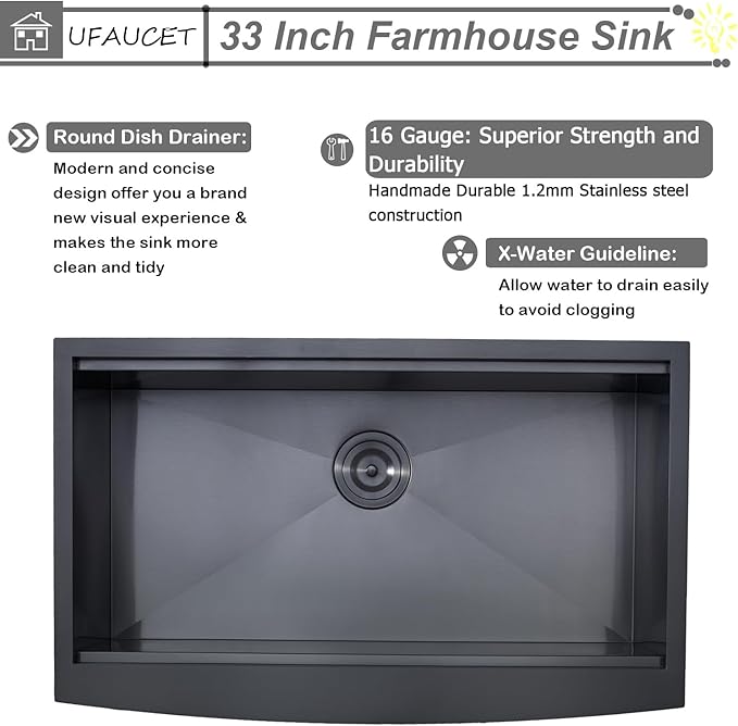 33 Inch Black Farmhouse Sink, Undermount Stainless Steel Apron Front Farm Kitchen Sink Single Bowl Workstation 16 Gauge 33x20x9 with Accessories