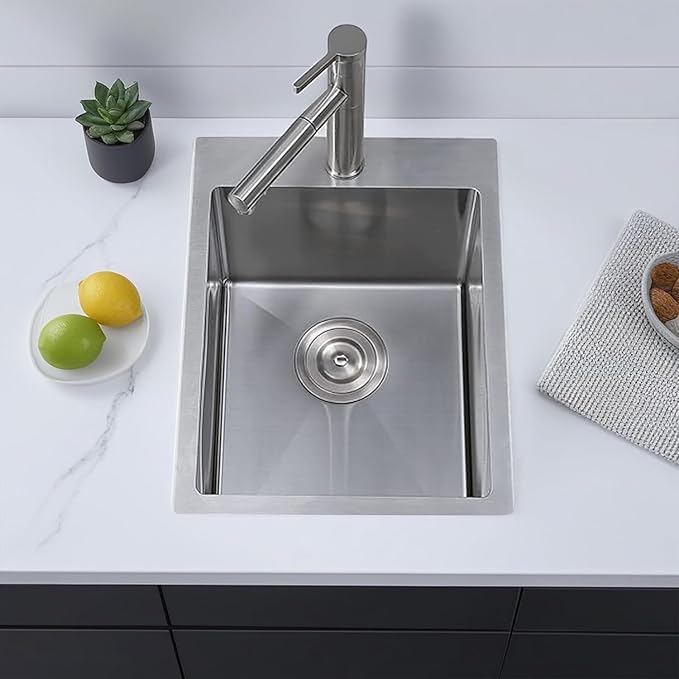 VCCUCINE Bar Sink Drop in, 15 x 17 Inch Topmount RV Small Kitchen Sink, 16 Gauge Overmount Stainless Steel Laundry Wet Bar Sink, Top Mount Outdoor Single Bowl,Brushed Nickel Prep Sink with Accessories