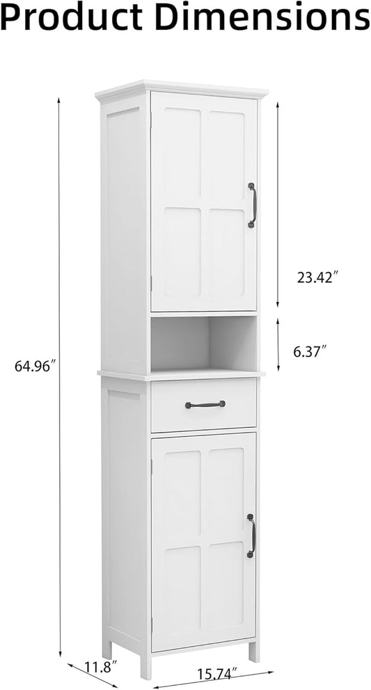 Casaphoria Tall Bathroom Storage Cabinet, 65" H Narrow Floor Cabinet with 2 Barn Doors and 1 Drawer, Freestanding Linen Tower with Adjustable Shelves, Anti-Tipping, White