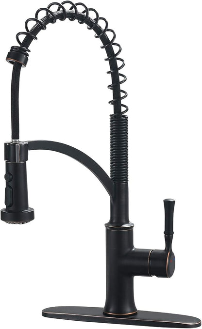 Bronze Kitchen Faucet with Pull Down Sprayer, Oil Rubbed Bronze Single Handle High Arc Commercial Farmhouse Kitchen Sink Faucet with Deck Plate