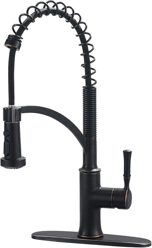 Bronze Kitchen Faucet with Pull Down Sprayer, Oil Rubbed Bronze Single Handle High Arc Commercial Farmhouse Kitchen Sink Faucet with Deck Plate