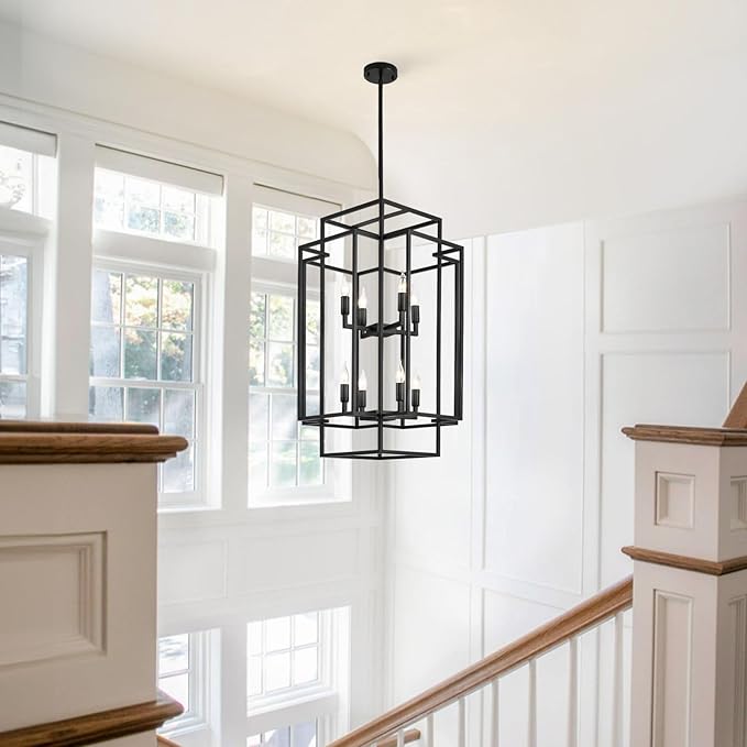 8-Light Tiered Lantern Pendant Light, Black Farmhouse Chandelier, Large Chandeliers for High Ceilings, Modern Foyer Lighting Fixtures, for Dining Room, Living Room, Entryway Staircase