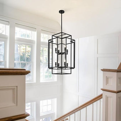 8-Light Tiered Lantern Pendant Light, Black Farmhouse Chandelier, Large Chandeliers for High Ceilings, Modern Foyer Lighting Fixtures, for Dining Room, Living Room, Entryway Staircase