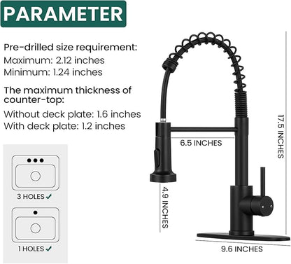 Kitchen Faucet with Pull Down Sprayer 1 Handle Pull Out Spring Sink Faucets 1 Hole Or 3 Hole Stainless Steel (Matte Black)
